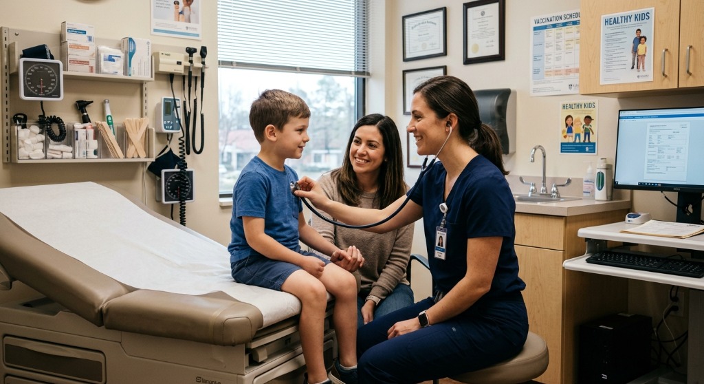 Pediatrician examining a young patient with mother present